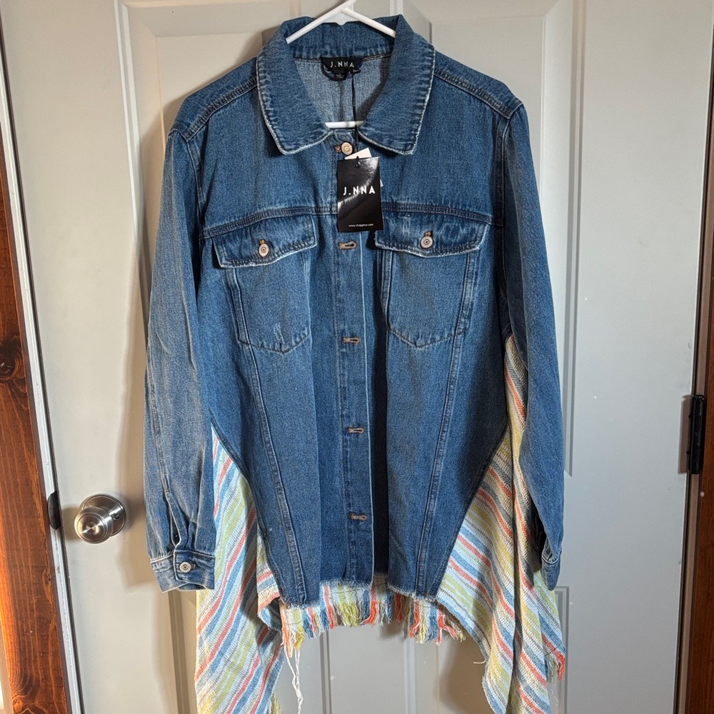 J.NNA Blue Denim Jacket with Multicolor shark bite Fringe